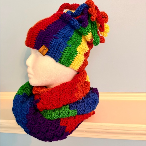 🌈 Handmade Rainbow Crocheted Beanie and Coordinated Scarf 🌈 - Picture 3 of 14